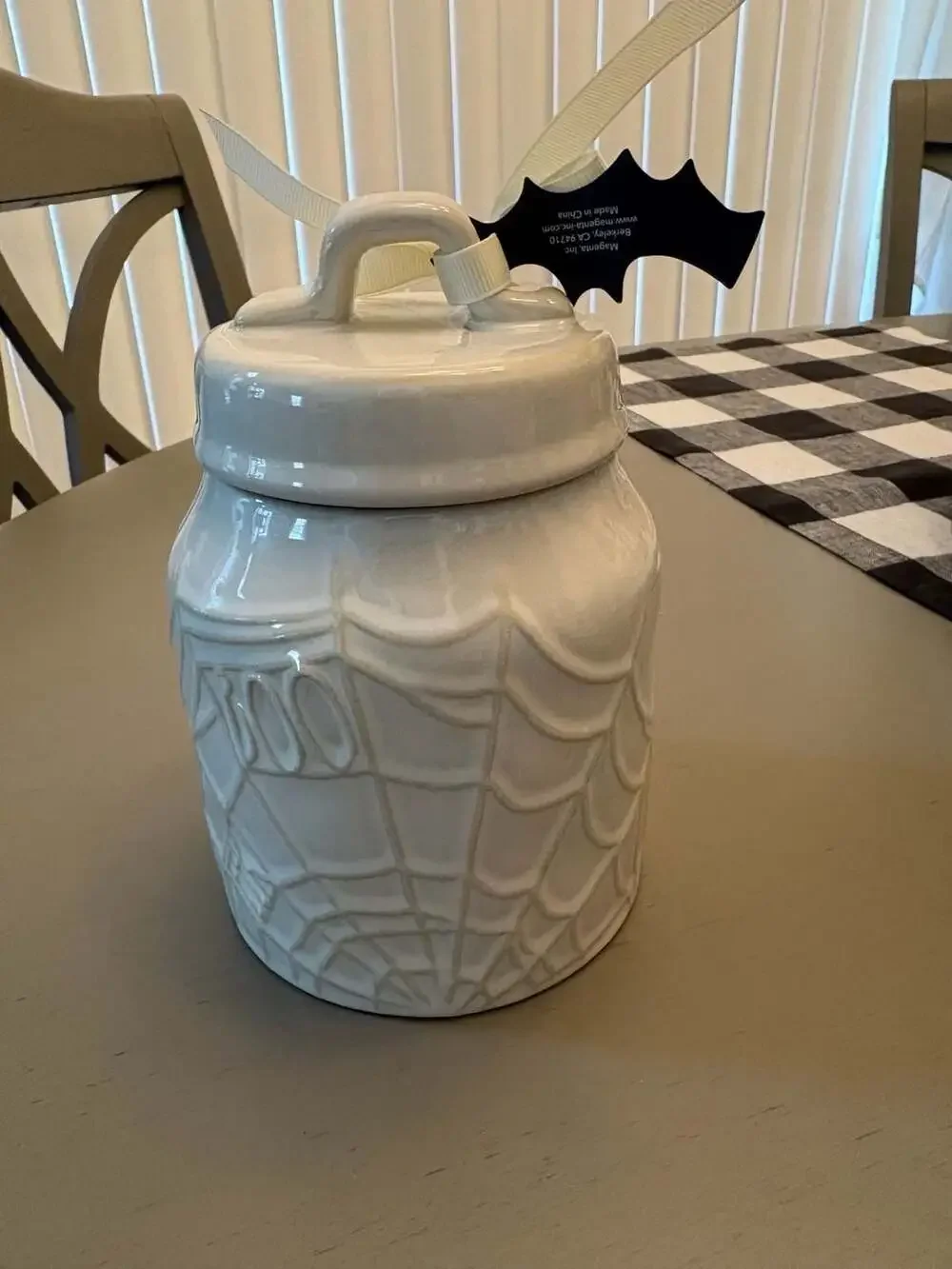 Rae Dunn Artisan Collection Halloween Spiderweb Ceramic Canister with Bat Tag